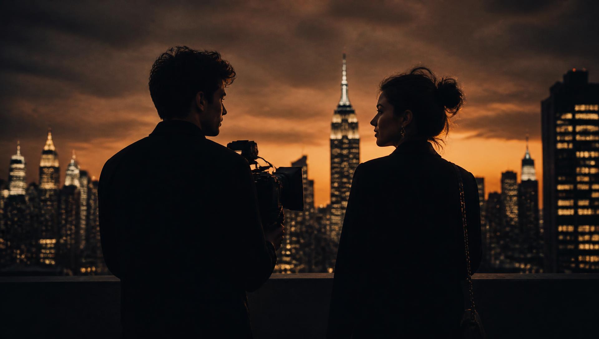 Malachi and Si'Monte filming a city skyline at dusk